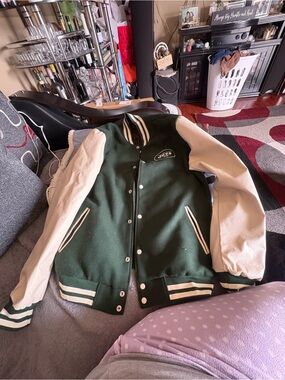 JETS-Classic Green & Cream Varsity Jacket - Team-Inspired Letterman Style